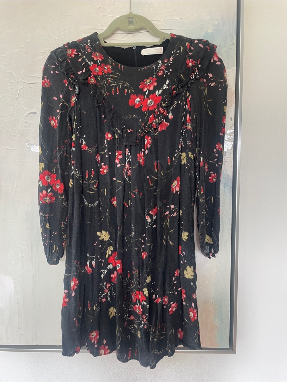 Zara Girls Black Floral Ruffle Midi Dress with Red and Olive Accents